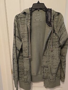 Maurices Olive Green Zip-Up Hoodie with Black Distressed Print